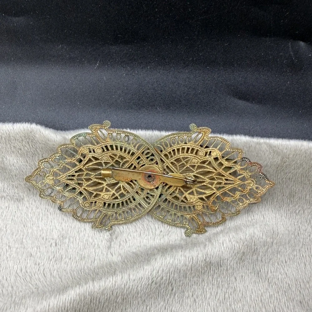 Vintage Estate Brooch Gold Tone Art Deco Flower Bow Filigree Pin 3.5in